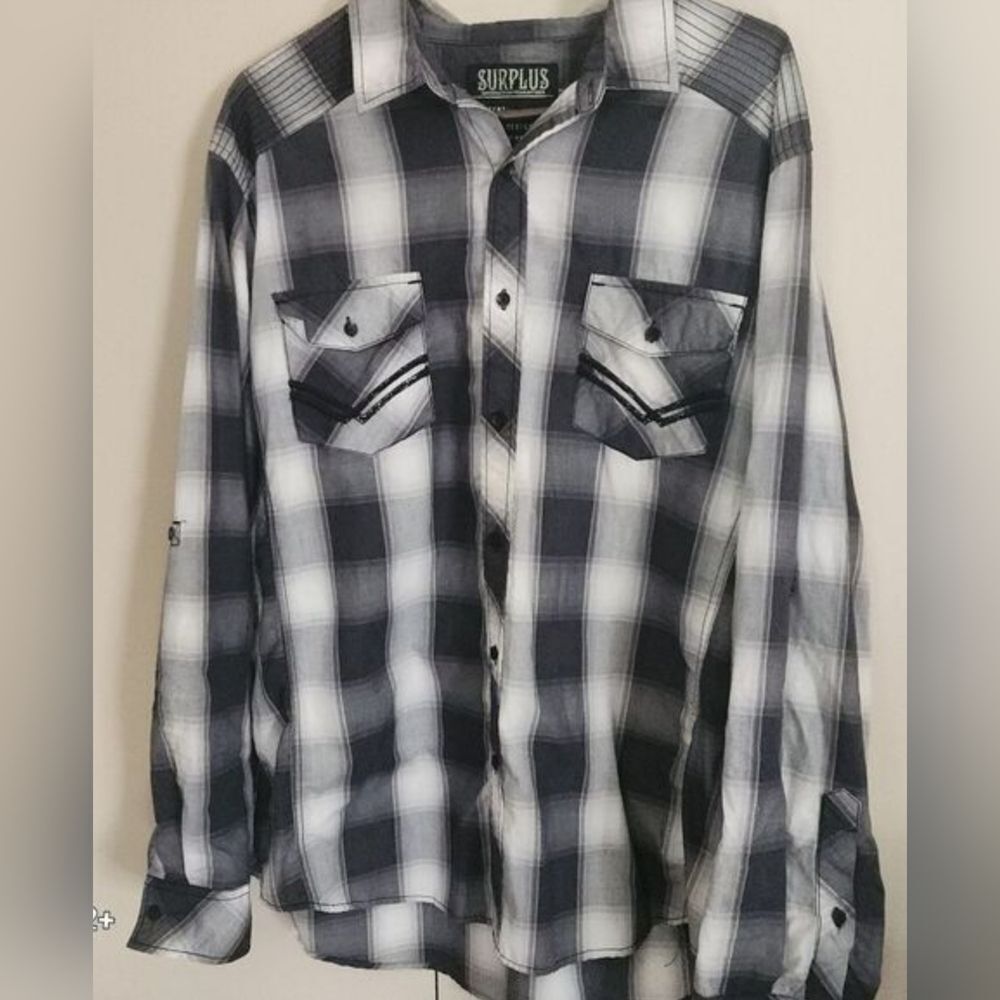 M31 Surplus Mens Casual Black & White Plaid Button-up Shirt Roll Tab Sleeves XXL